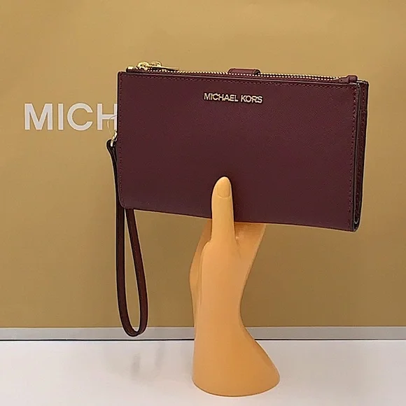 MICHAEL KORS LG DOUBLE ZIP WRISTLET DARK CHERRY MERLOT MULBERRY PHONE CASE NWT - Picture 3 of 16
